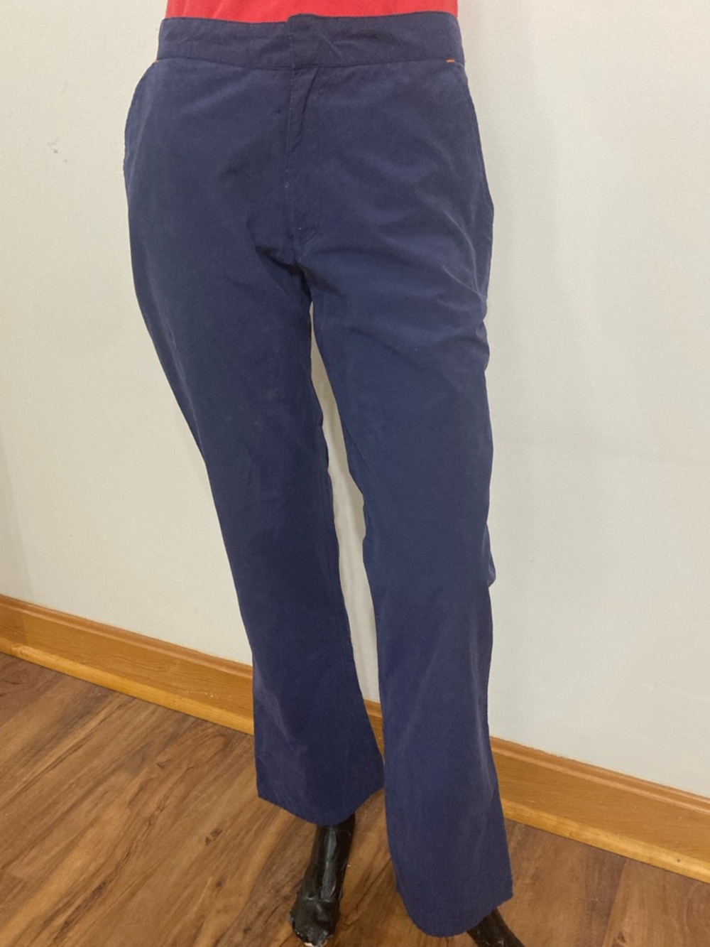 Navy Straight-Leg Pants w/ Orange Thread and Zipper Details. Item# SSp11